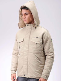 The Indian Garage Co Men Beige Solid Hooded Neck Padded Parka Jacket
