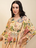 Vishudh Cream Floral Printed Beads and Stones Pure Cotton Kaftan Kurta With Trousers