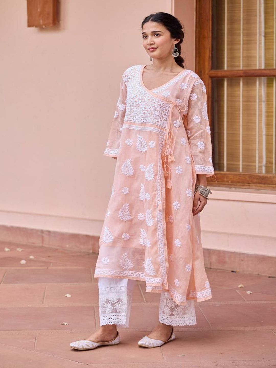 House of Chikankari Women Peach Kota Chikankari Embroidered Kurta