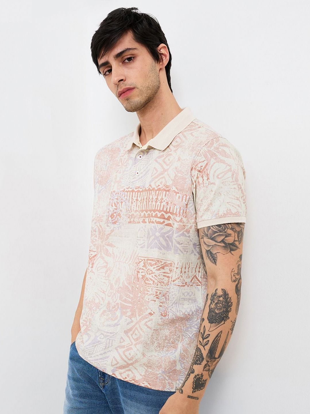SPYKAR Men Abstract Printed Polo Collar Cotton Slim Fit T-shirt
