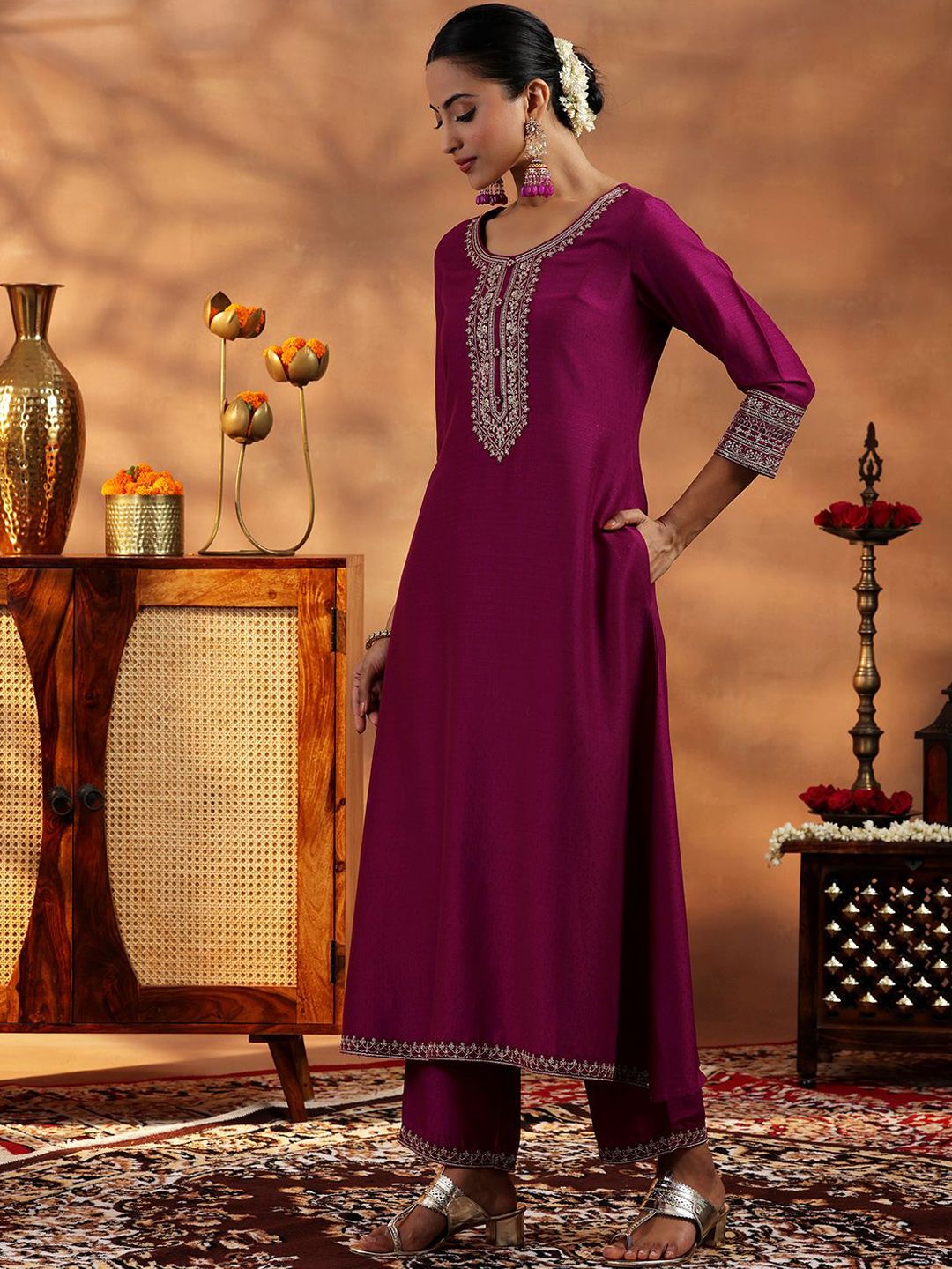 Libas Floral Yoke Design Zari Regular A Line Kurta with Trousers & Dupatta