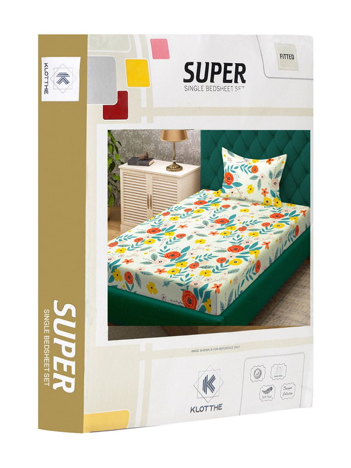 KLOTTHE White Floral Polycotton 300 TC Dilengkapi Cadar Bujang Halus dengan Sarung Bantal-87 x 59 inci