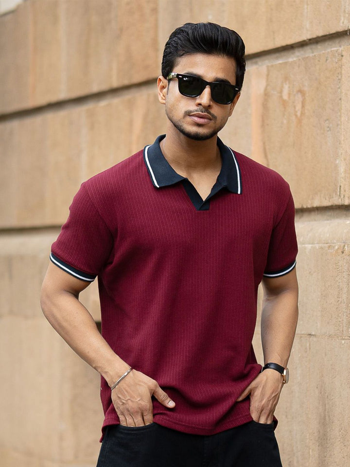 Powerlook Men Wine Contrast Collar T-Shirt