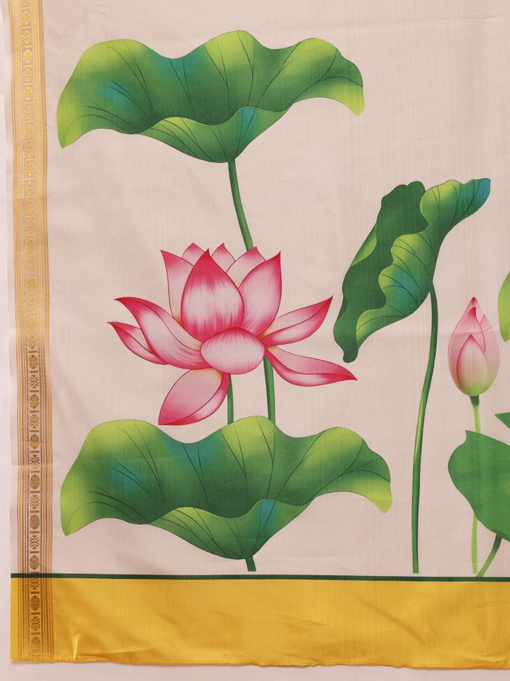 Silk Land Onam Special Floral Printed Kasavu Silk Saree