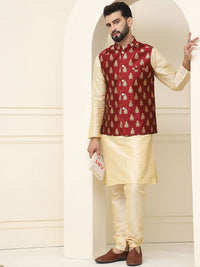 SOJANYA Mandarin Collar Silk Cotton Kurta With Churidar & Woven Design Nehru Jacket