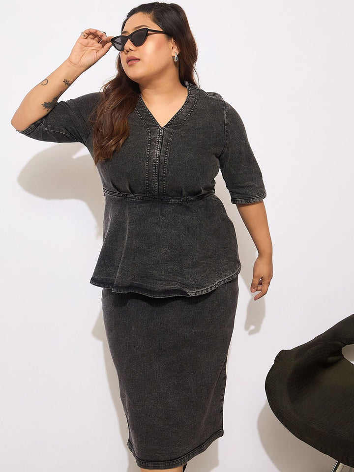 Sassafras Curve Women Denim Peplum Midi Dress