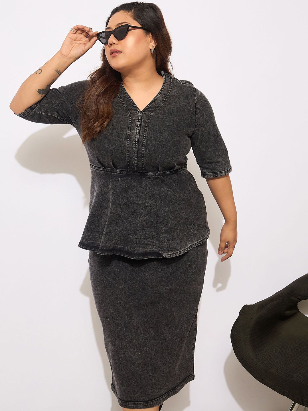 Sassafras Curve Women Denim Peplum Midi Dress