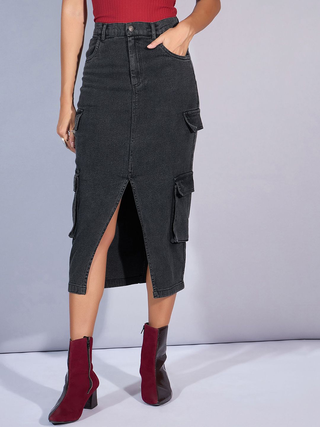 SASSAFRAS Denim Straight Midi Cargo Styles Skirts