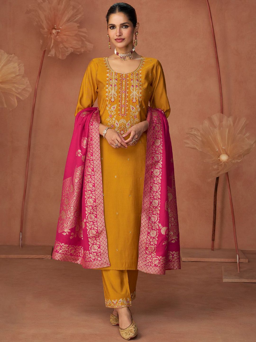 Varanga Floral Embroidered Zari Work Round Neck Straight Kurta With Trousers & Dupatta