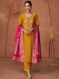 Varanga Floral Embroidered Zari Work Round Neck Straight Kurta With Trousers & Dupatta