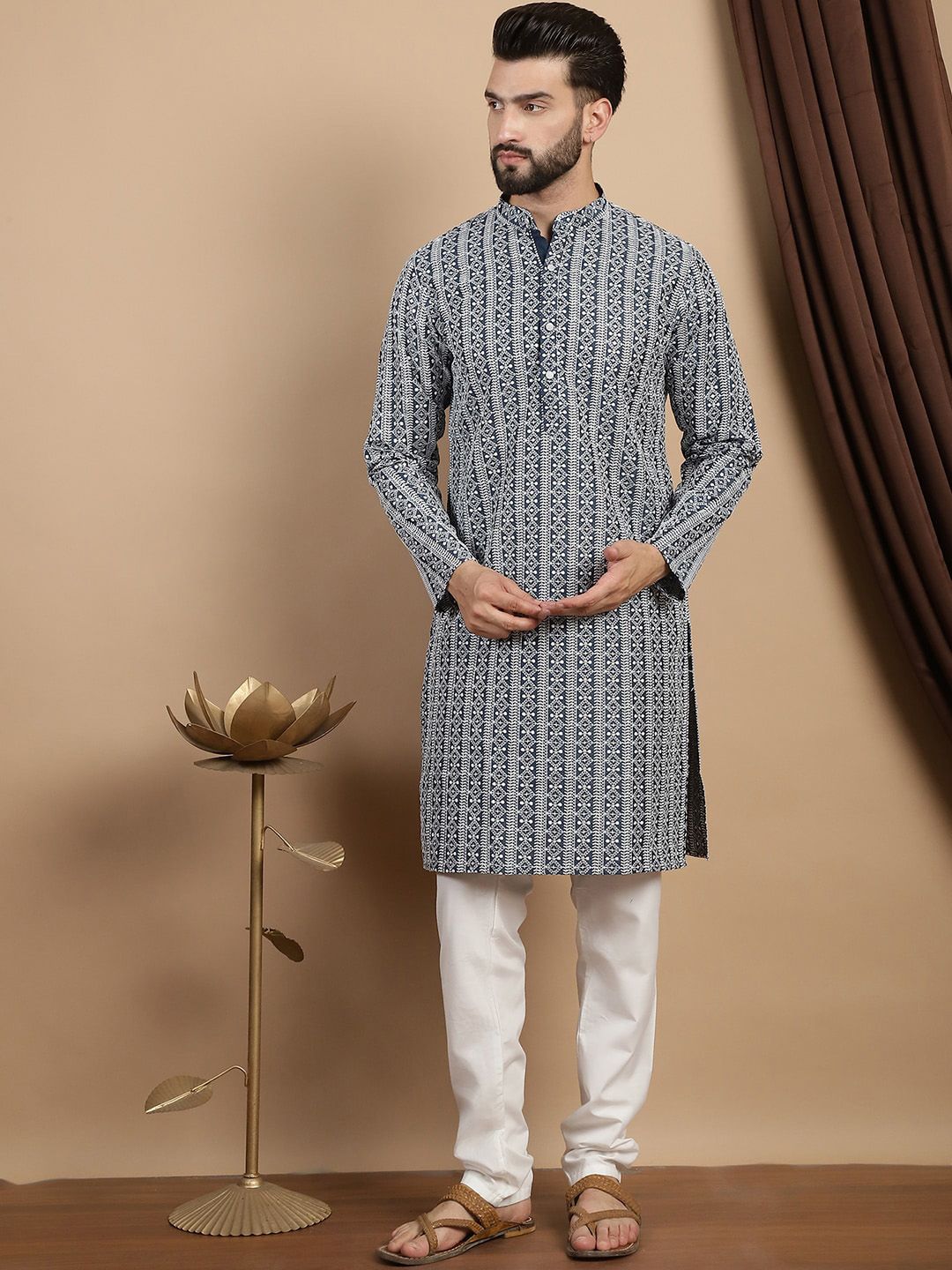 Anouk Ethnic Motifs Embroidered Regular Pure Cotton Straight Kurta With Churidar