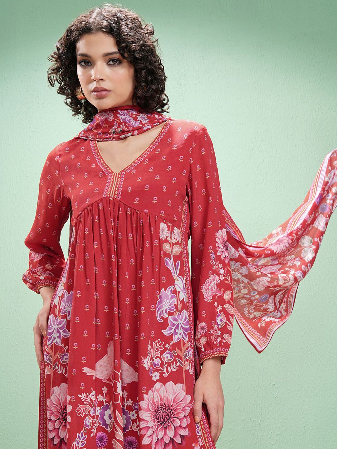 Vishudh Floral Printed V-Neck Empire A-Line Kurta With Trouser And Dupatta