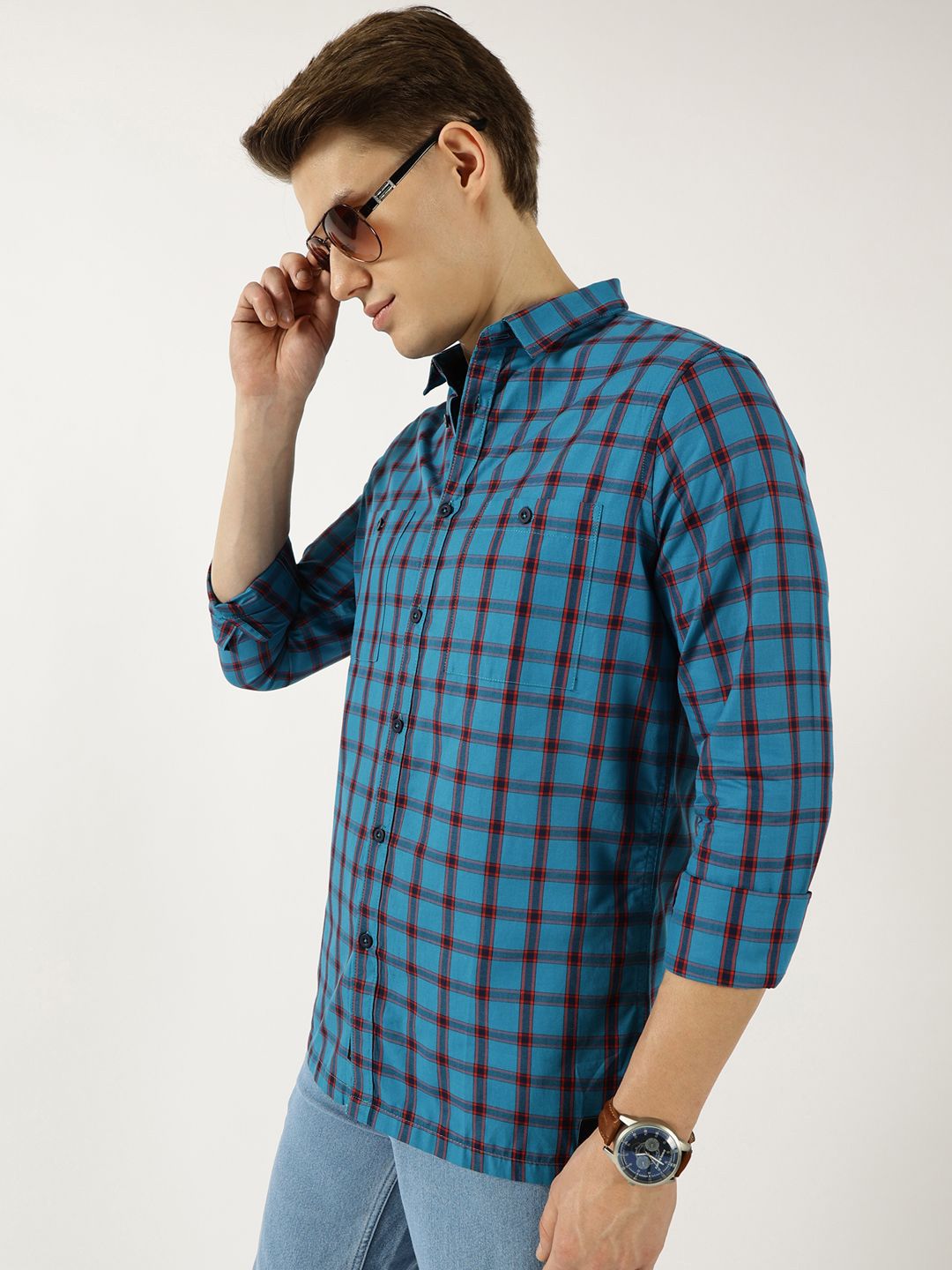 Thomas Scott Men Classic Spread Collar Windowpane Checked Cotton Slim Fit Casual Shirt