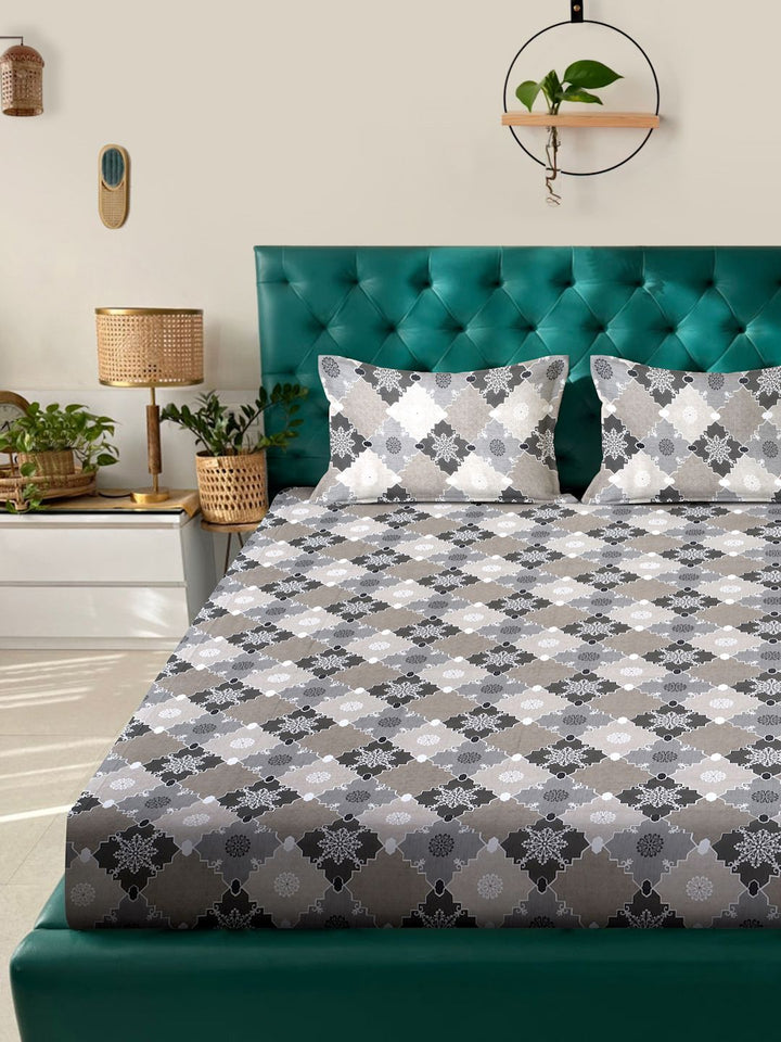 Myntra Elegant Homes Grey & Beige Geometric Pure Cotton 400TC King Bedsheet Set-2.5mX2.25m