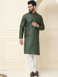 SOJANYA Ethnic Motifs Printed Mandarin Collar Silk Cotton Straight Kurta with Pyjamas