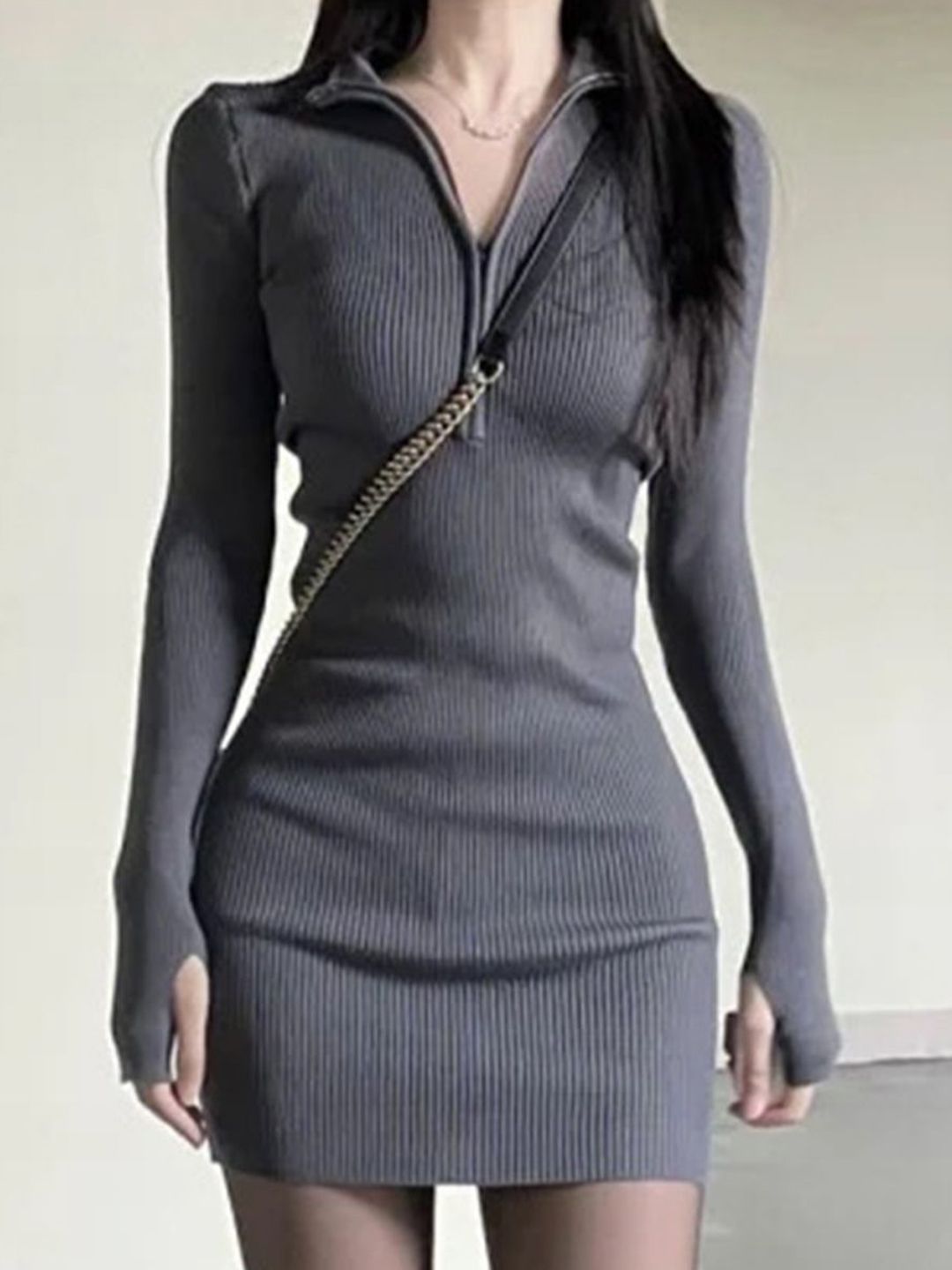 DressBerry Women Ribbed Shirt Collar Bodycon Mini Dress