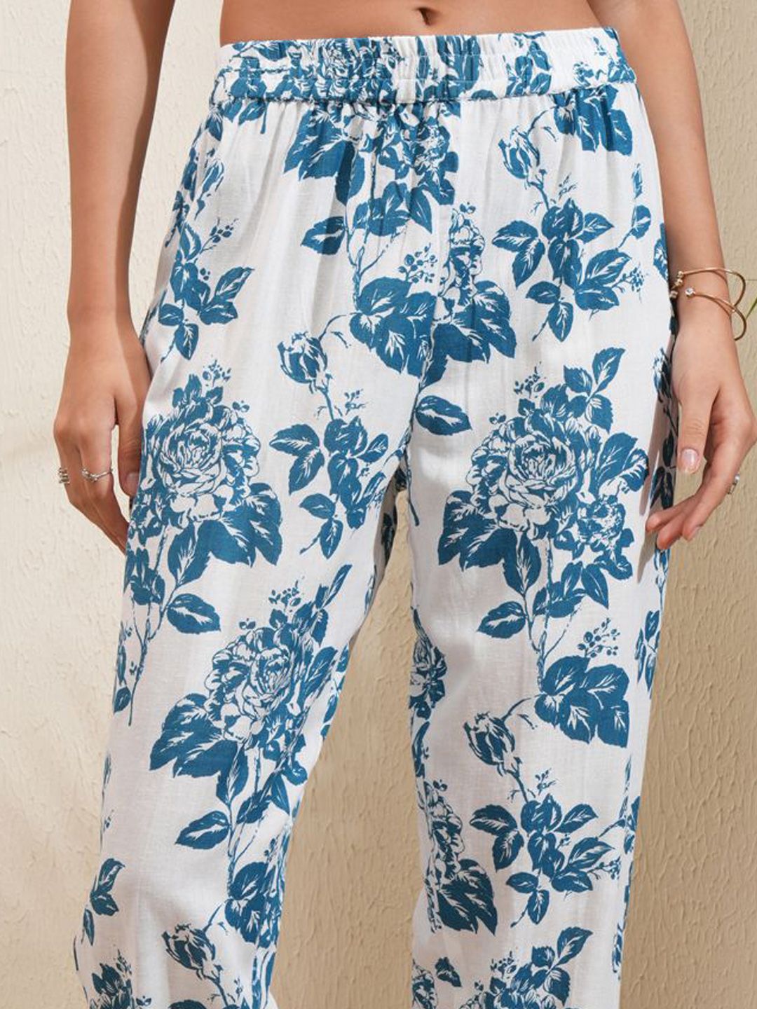 Vishudh Floral Printed Panelled Mirror Work Kurta With Trousers