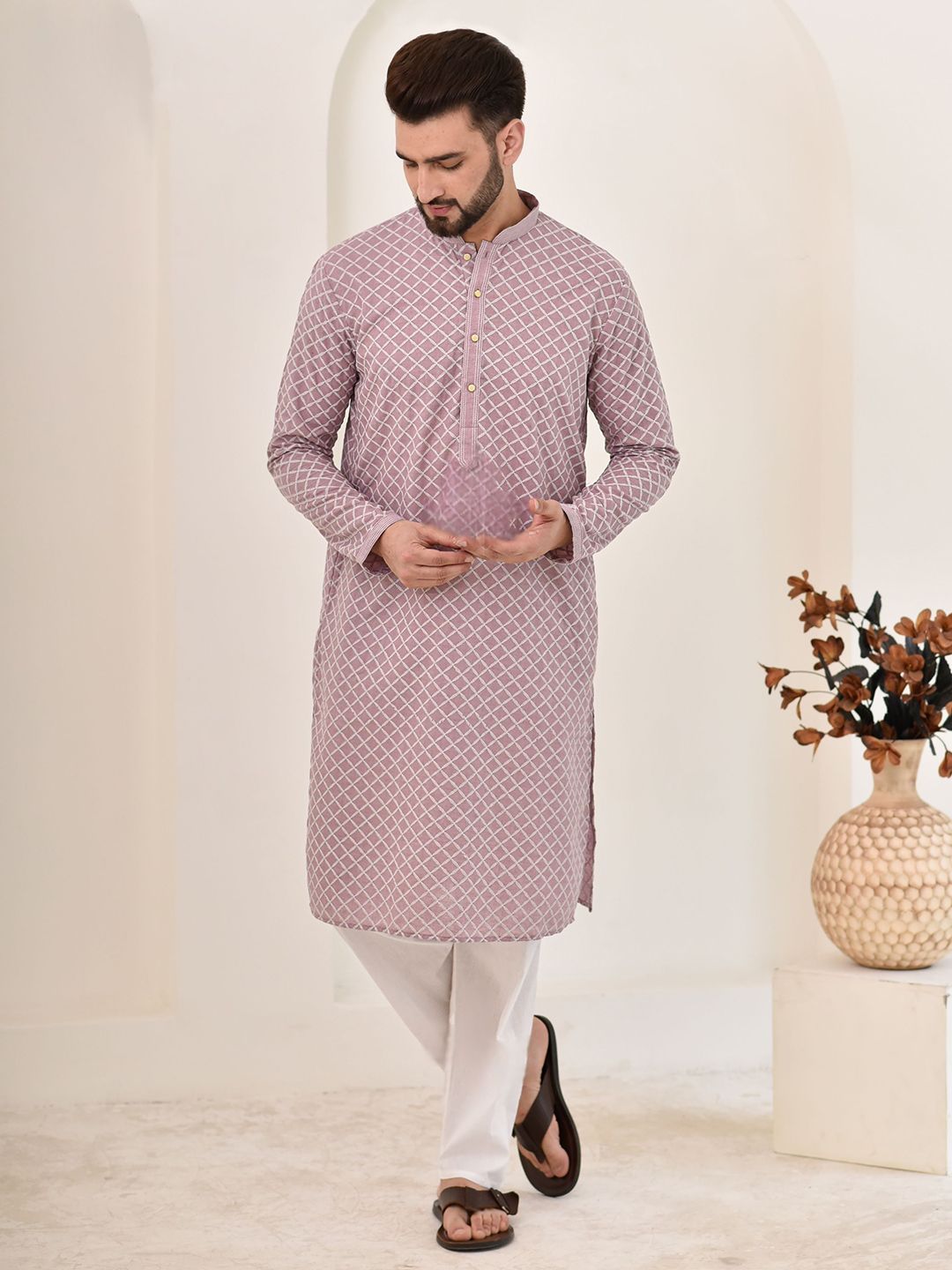House of Chikankari Men Blue Cotton Embroidered Kurta