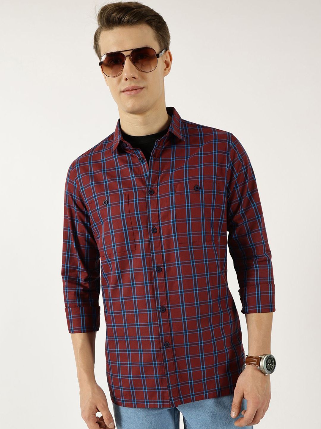 Thomas Scott Men Classic Fit Spread Collar Windowpane Checked Cotton Casual Shirt