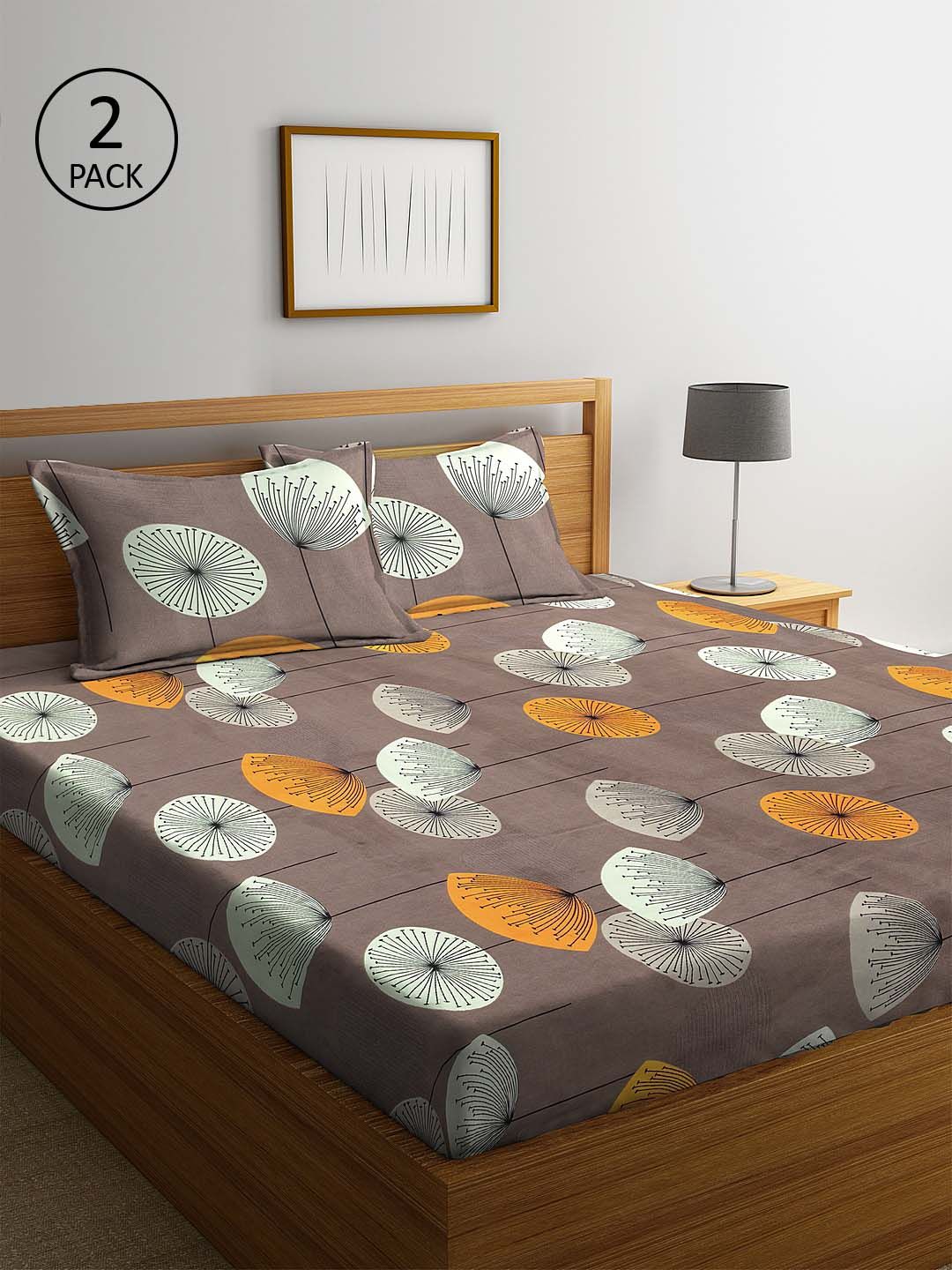 KLOTTHE Coklat Floral Cotton 210 TC King Fine 2 Cadar dengan 4 Sarung Bantal-98 x 85 inci
