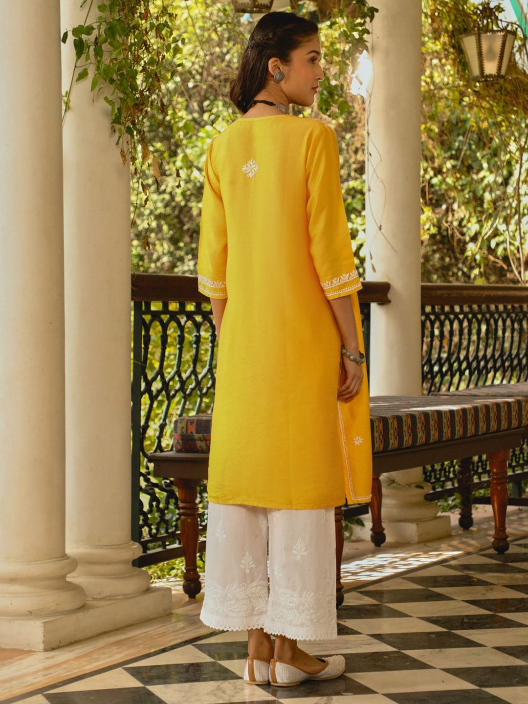 House of Chikankari Women Yellow Chanderi Chikankari Embroidered Kurta