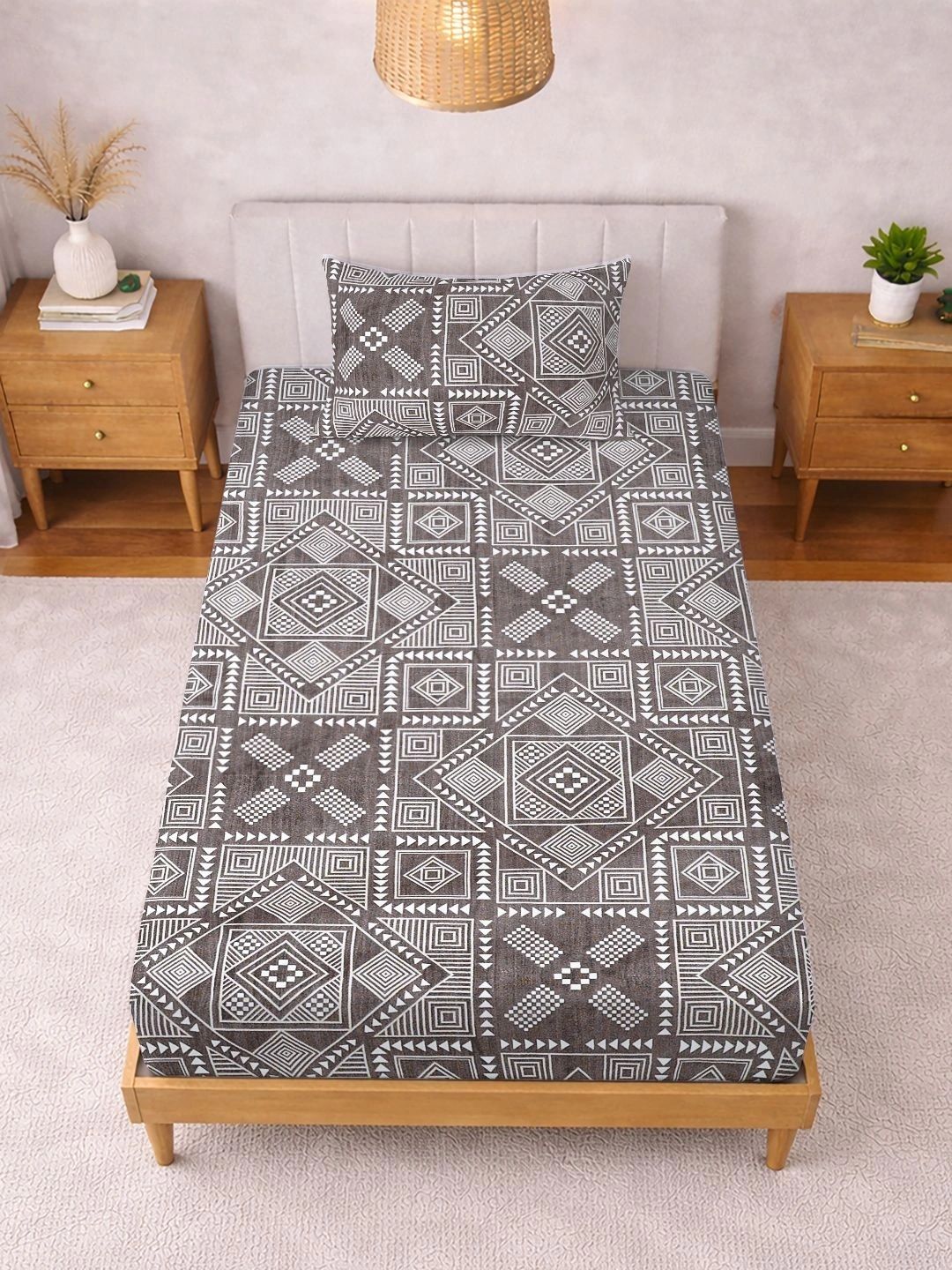 Myntra Elegant Homes Brown & White Geometric 300 TC Single Bedsheet with 1 Pillow Covers