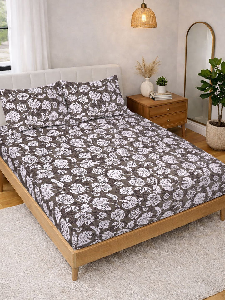 KLOTTHE Brown & White Printed 300 TC Double Bedsheet With 2 Pillow Covers- 2.5 m x 2.25 m