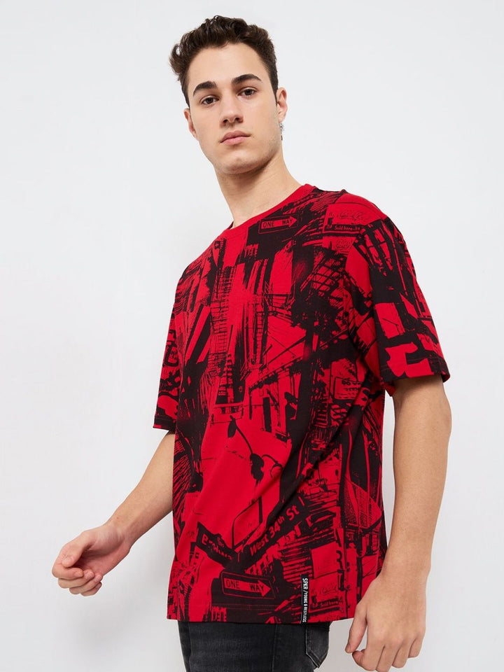 SPYKAR Men Abstract Printed Round Neck Cotton Relaxed Fit T-shirt