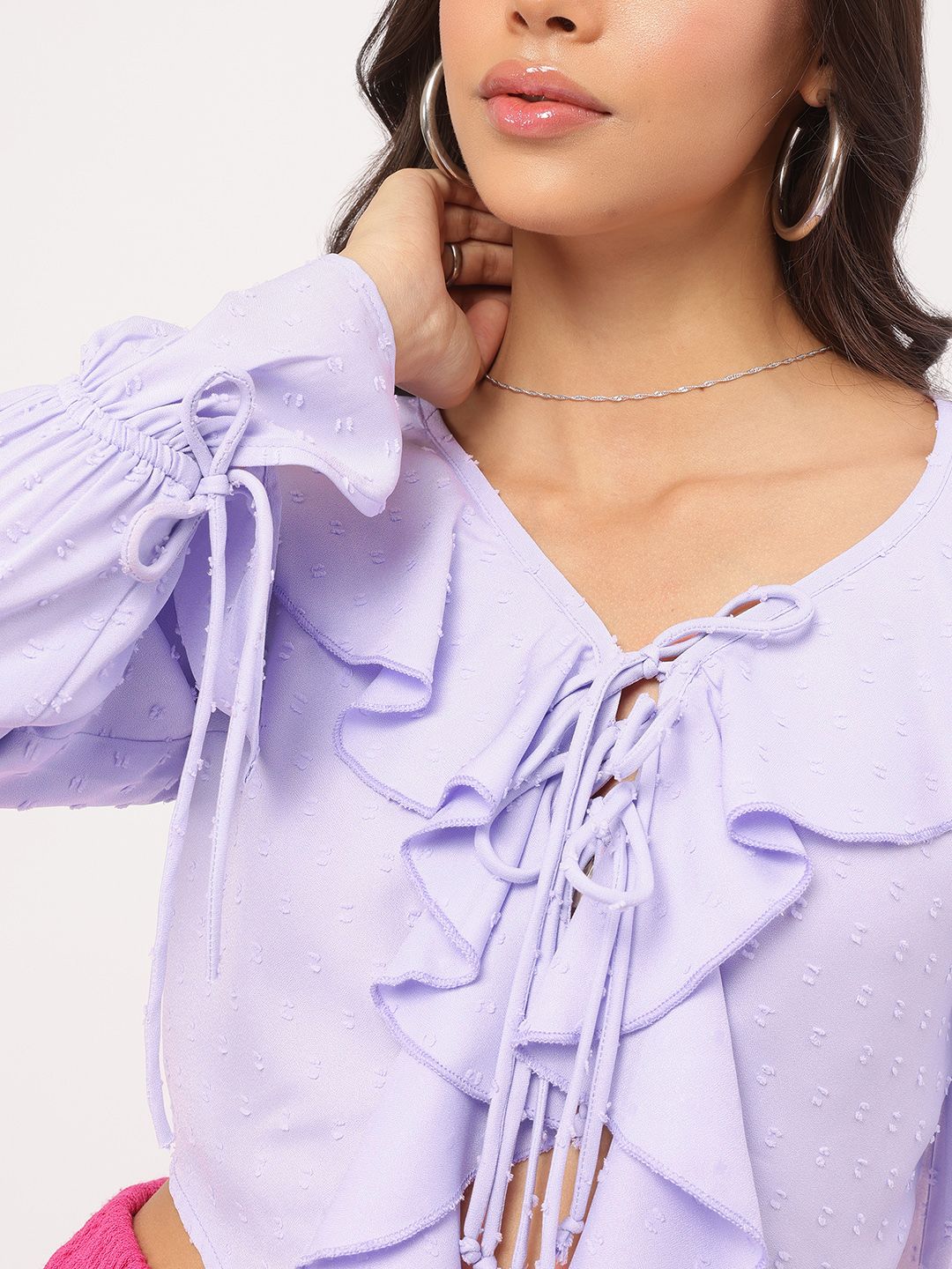 DressBerry Cozy Kawaii Ruffled Dobby Weave Crop Top