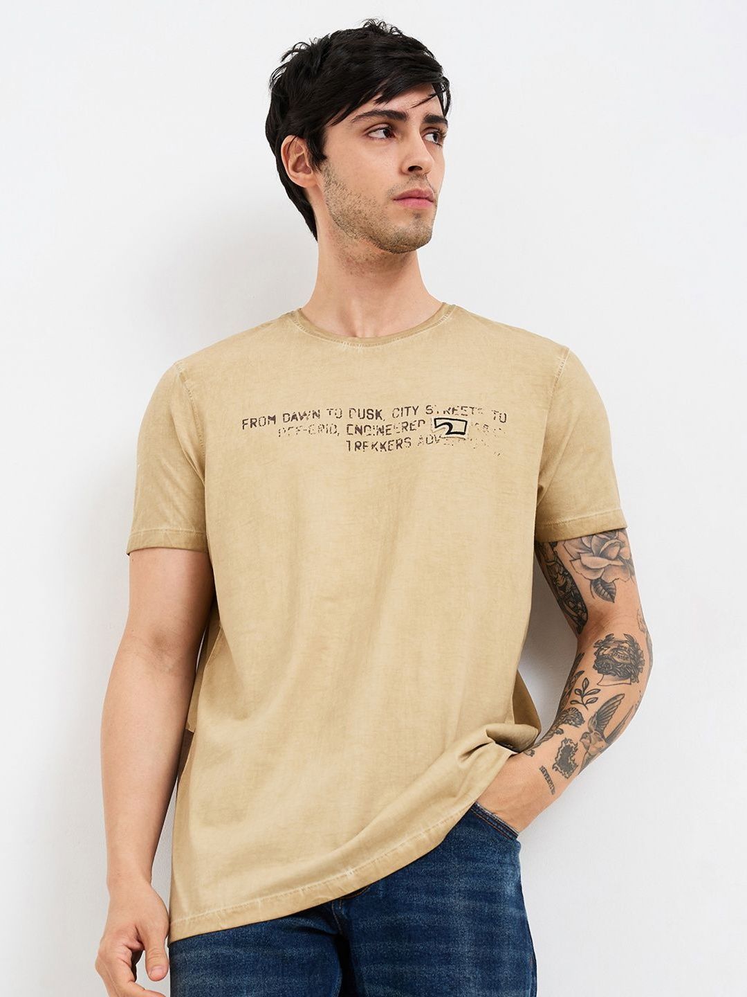 SPYKAR Men Typography Printed Round Neck Cotton Slim Fit T-shirt