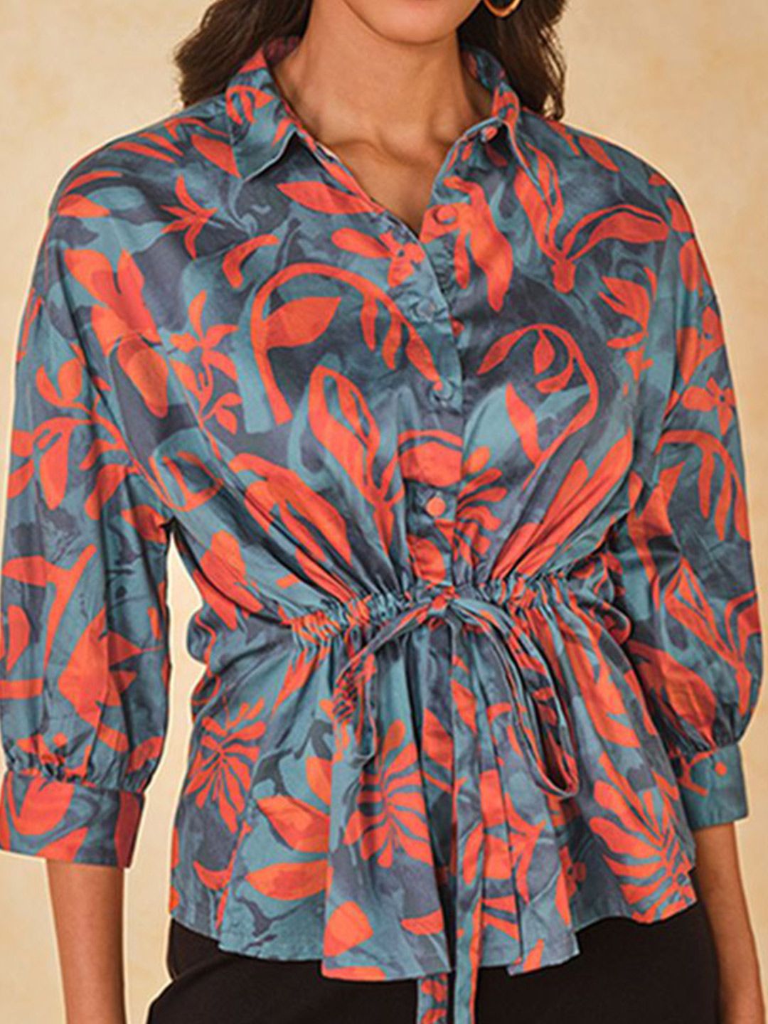 AND Women Abstract Printed Shirt Collar Cotton Top