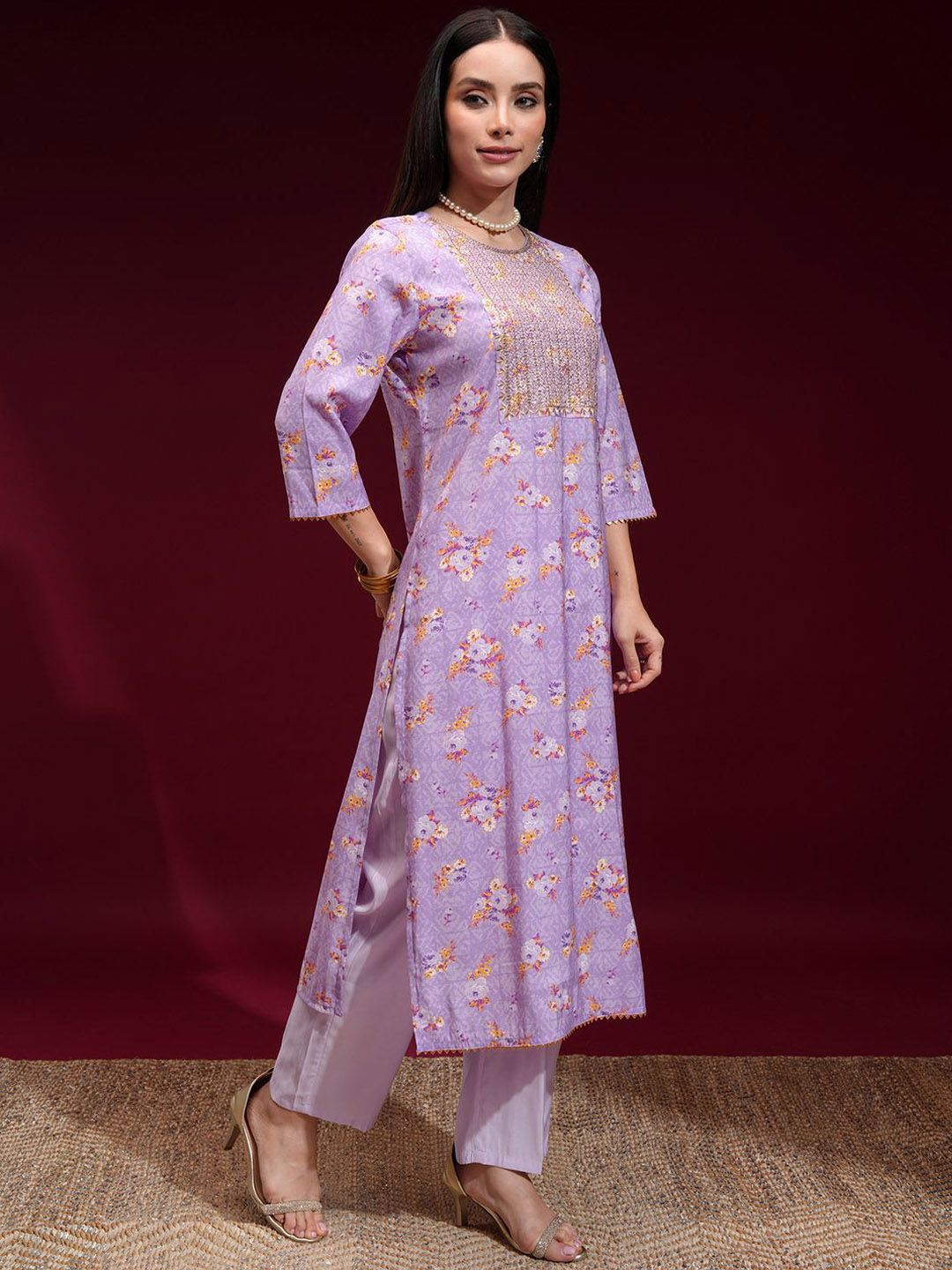 Vishudh Women Embroidered Yoke Printed Kurta with Solid Pant and Printed Dupatta