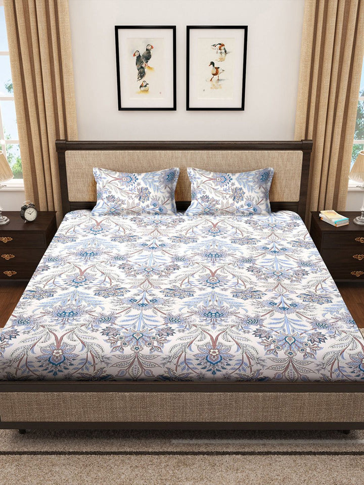 Myntra Elegant Homes Blue & Beige Floral Printed Set Cadar King 300 TC 2.5 m x 2.25 m