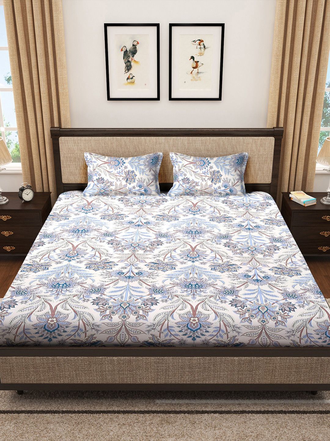 Myntra Elegant Homes Blue & Beige Floral Printed Set Cadar King 300 TC 2.5 m x 2.25 m