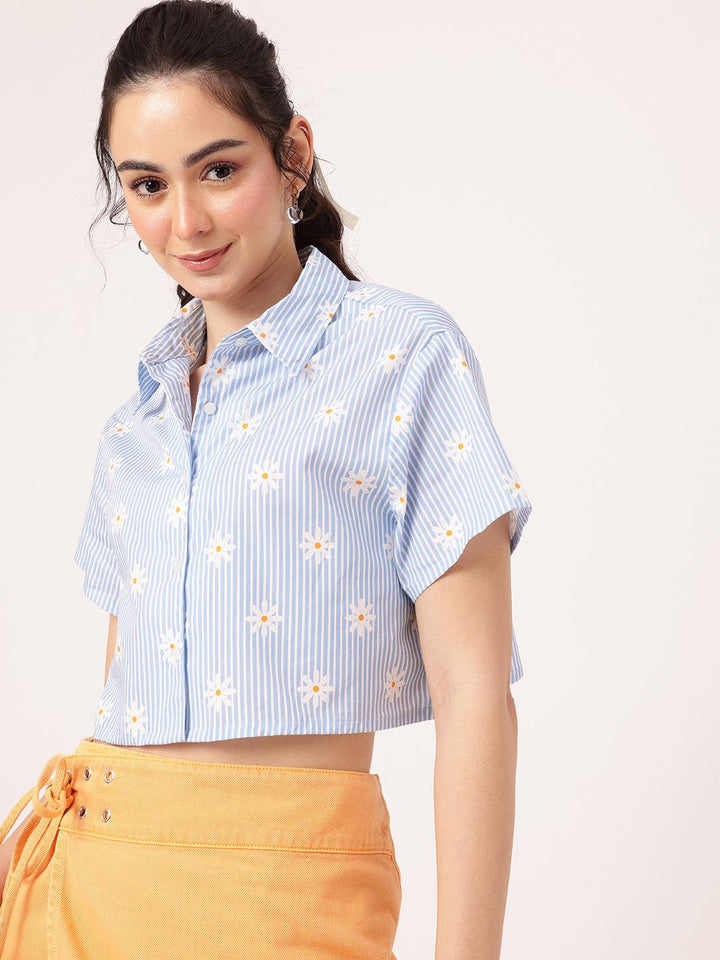 DressBerry Edgy Holiday Spirit Striped & Floral Printed Boxy Fit Crop Shirt