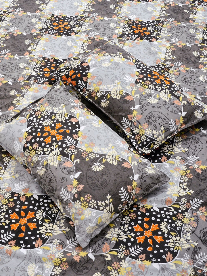 Myntra Elegant Homes Grey & Orange Floral 300 TC King Double Bedsheet with 2 Pillow Covers