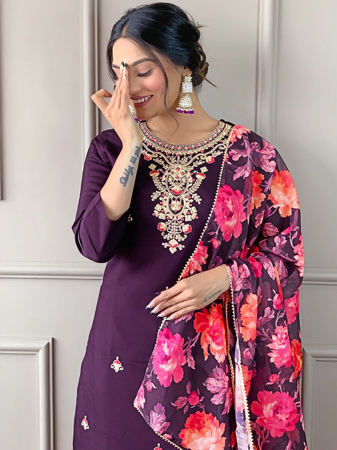 KALINI Women Embroidered Straight Kurta with Trousers & Dupatta