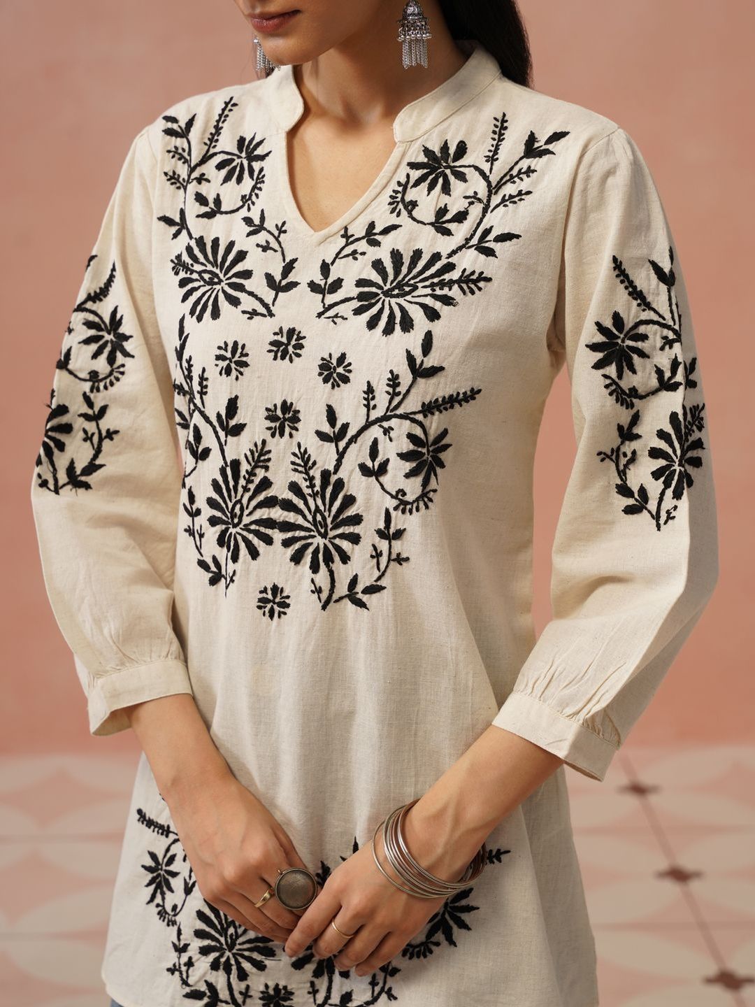 Kurta Kerja Benang Sulam Bunga Rumah Wanita Chikankari