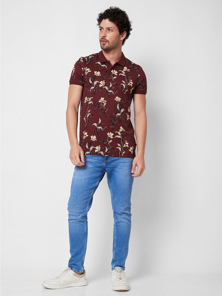 SPYKAR Polo Collar Short Sleeves Floral Printed Cotton Slim Fit T-shirt