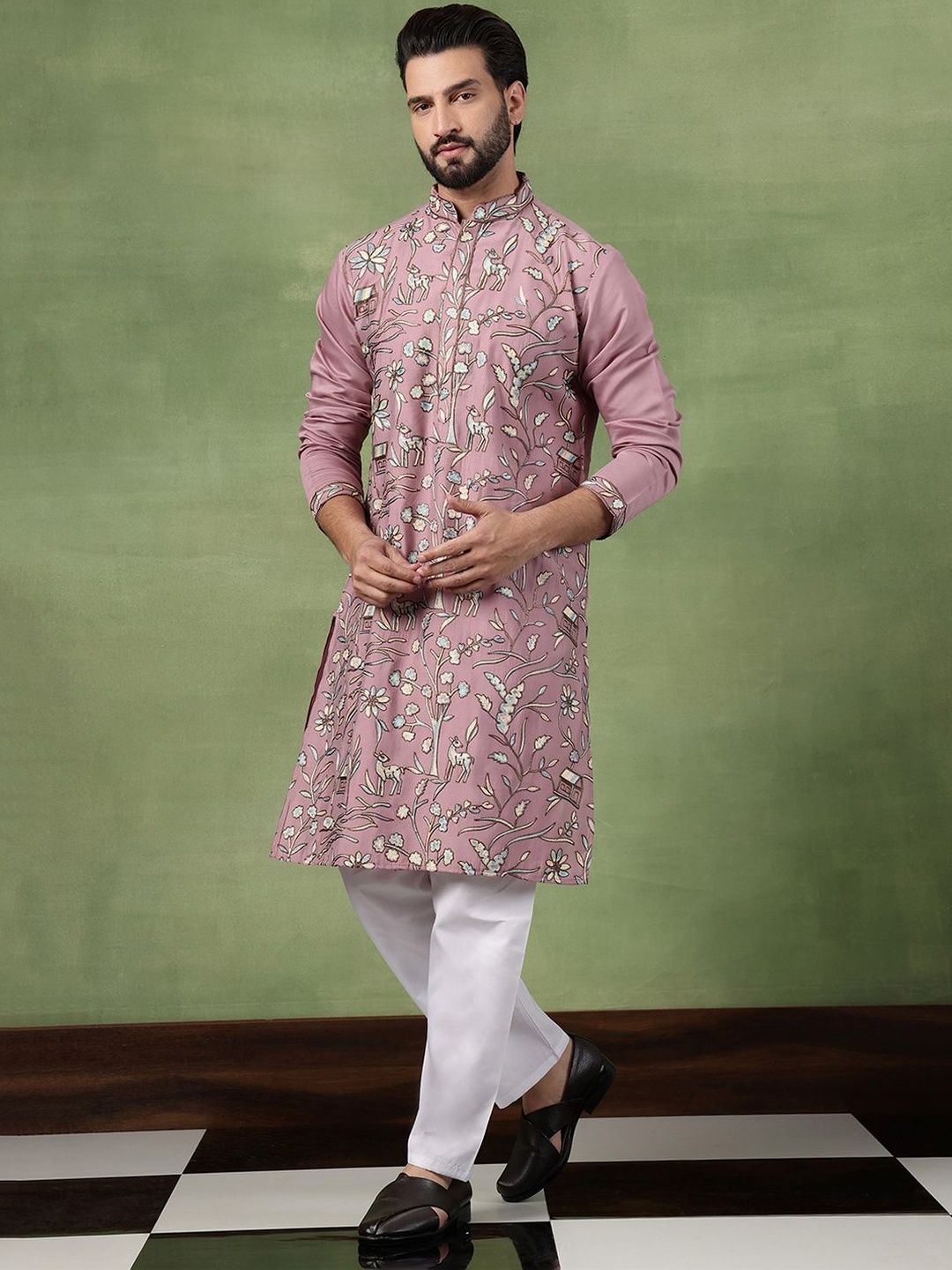 Anouk Men Animal Embroidered Regular Thread Work Pure Cotton Kurta with Pyjamas