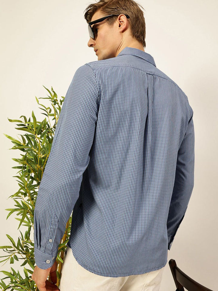 Thomas Scott Men Smart Spread Collar Micro Checked Cotton Slim Fit Casual Shirt