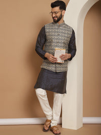 Anouk Men Geometic Embroidered Kurta With Churidar & Woven Design Nehru Jacket