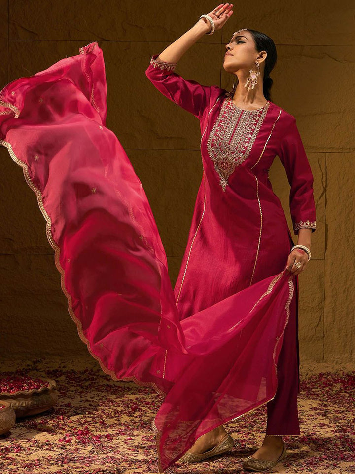Indo Era Ethnic Motifs Yoke Design Thread Work Liva Straight Kurta With Trousers & Dupatta