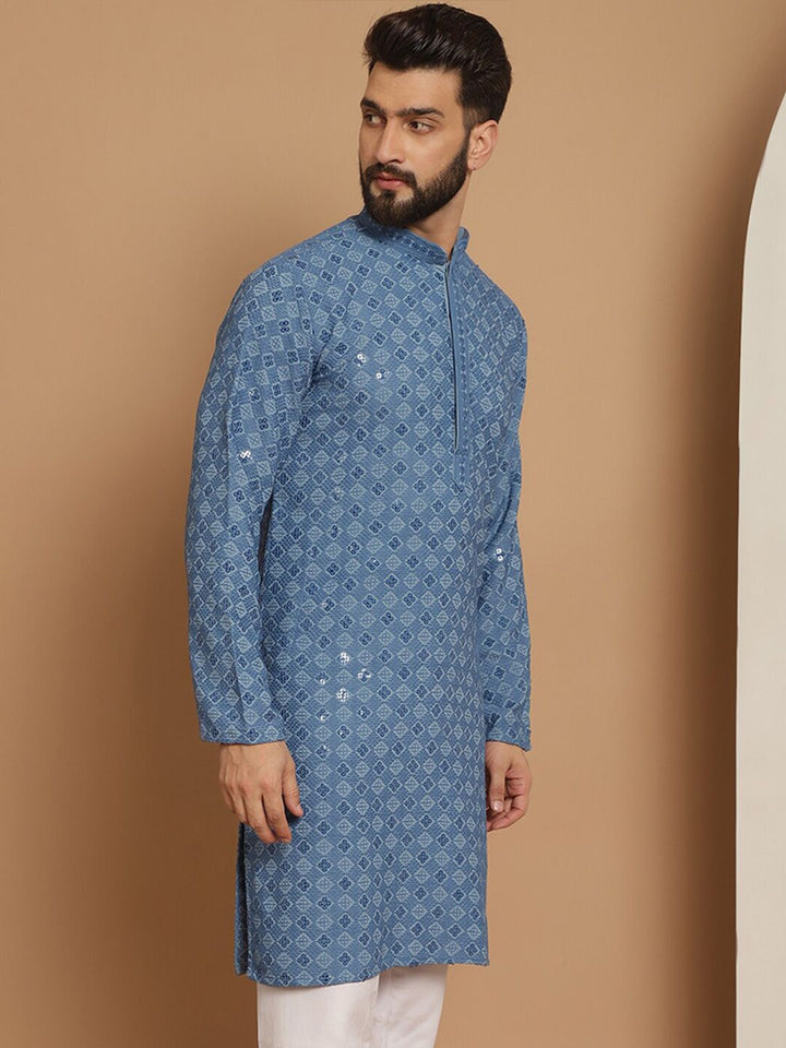 Anouk Blue Ethnic Motifs Embroidered Sequinned Detailed Cotton Straight Kurta
