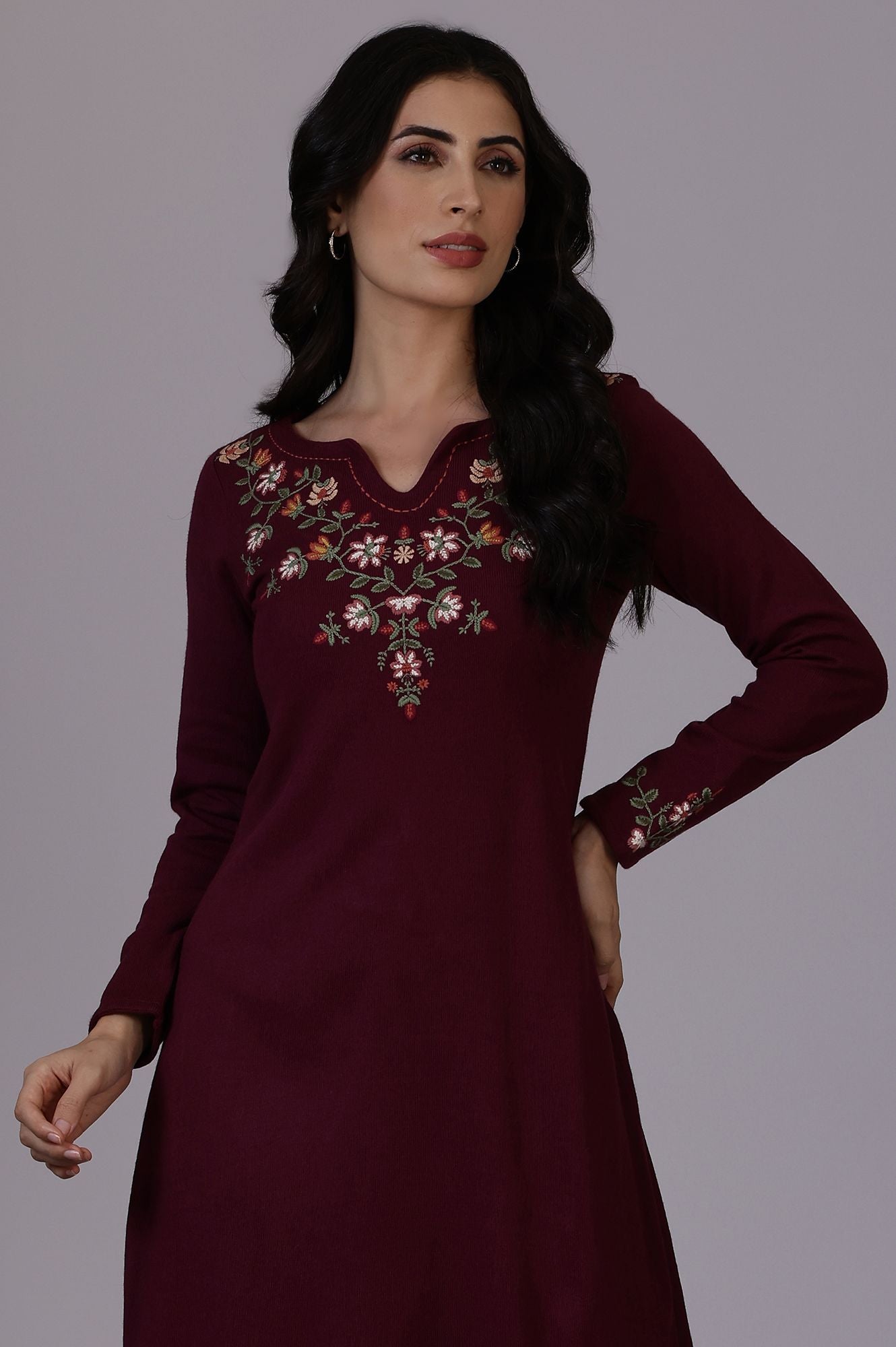 W Floral Embroidered Notch Neck A-Line Kurta