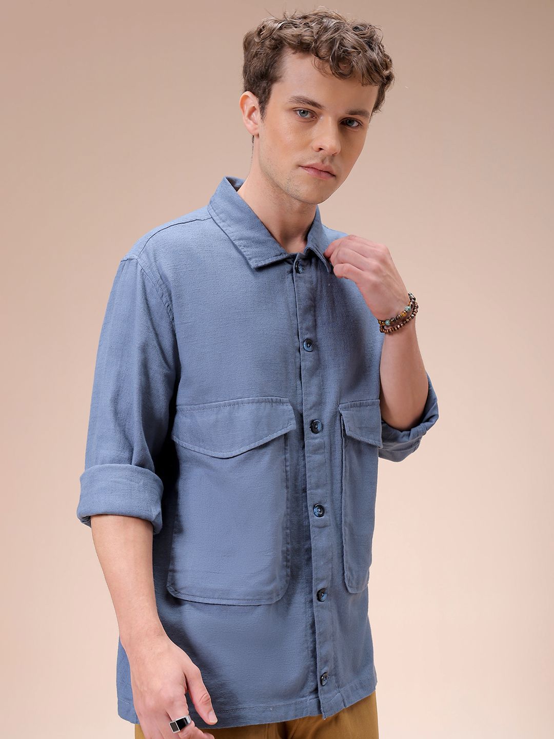 The Indian Garage Co Men Regular Fit Solid Double Flap Pocket Resortwear Overshirt