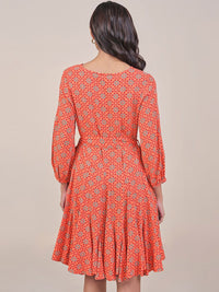 Global Desi  Women Orange Printed A-Line Long Puff Sleeves V Neck Ethnic Dresses