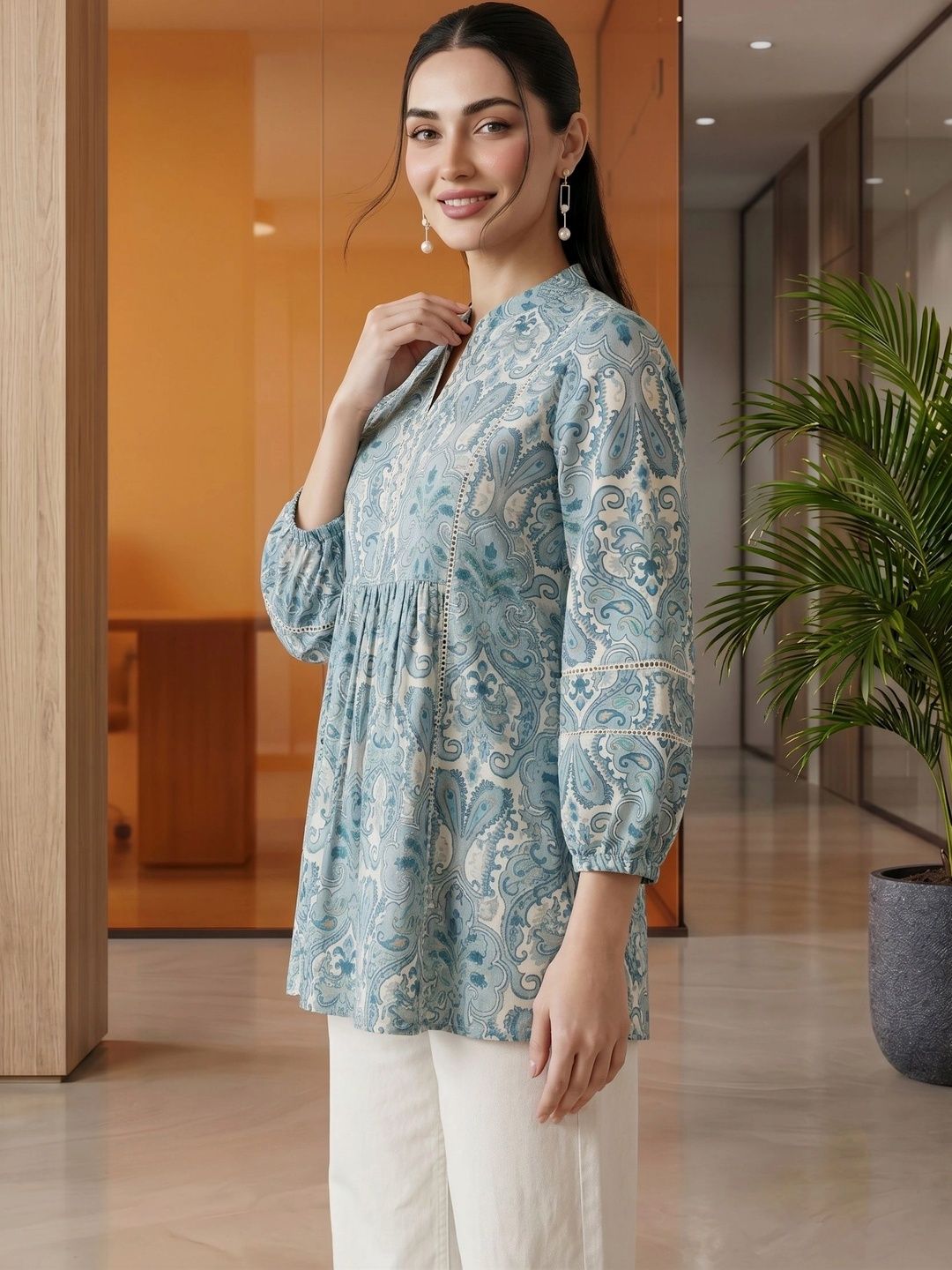 Mamicha Print Mandarin Collar Bishop Sleeves Cotton Top