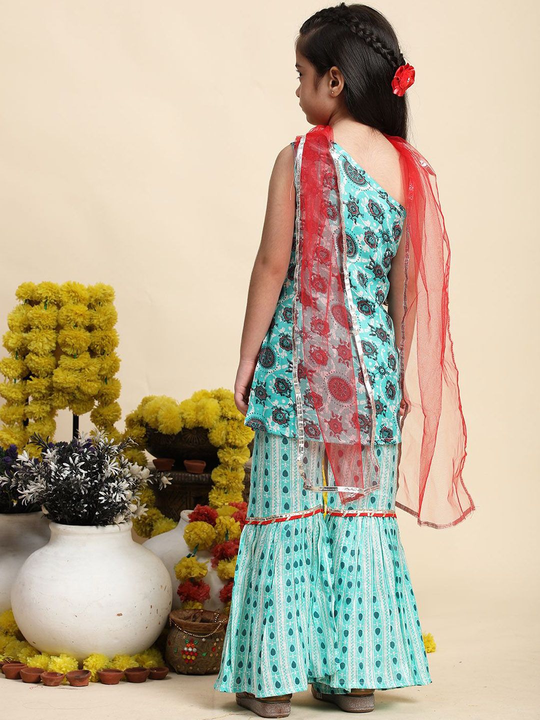 Cutiekins Girls Floral Printed Straight Cotton Kurta With Sharara & Dupatta
