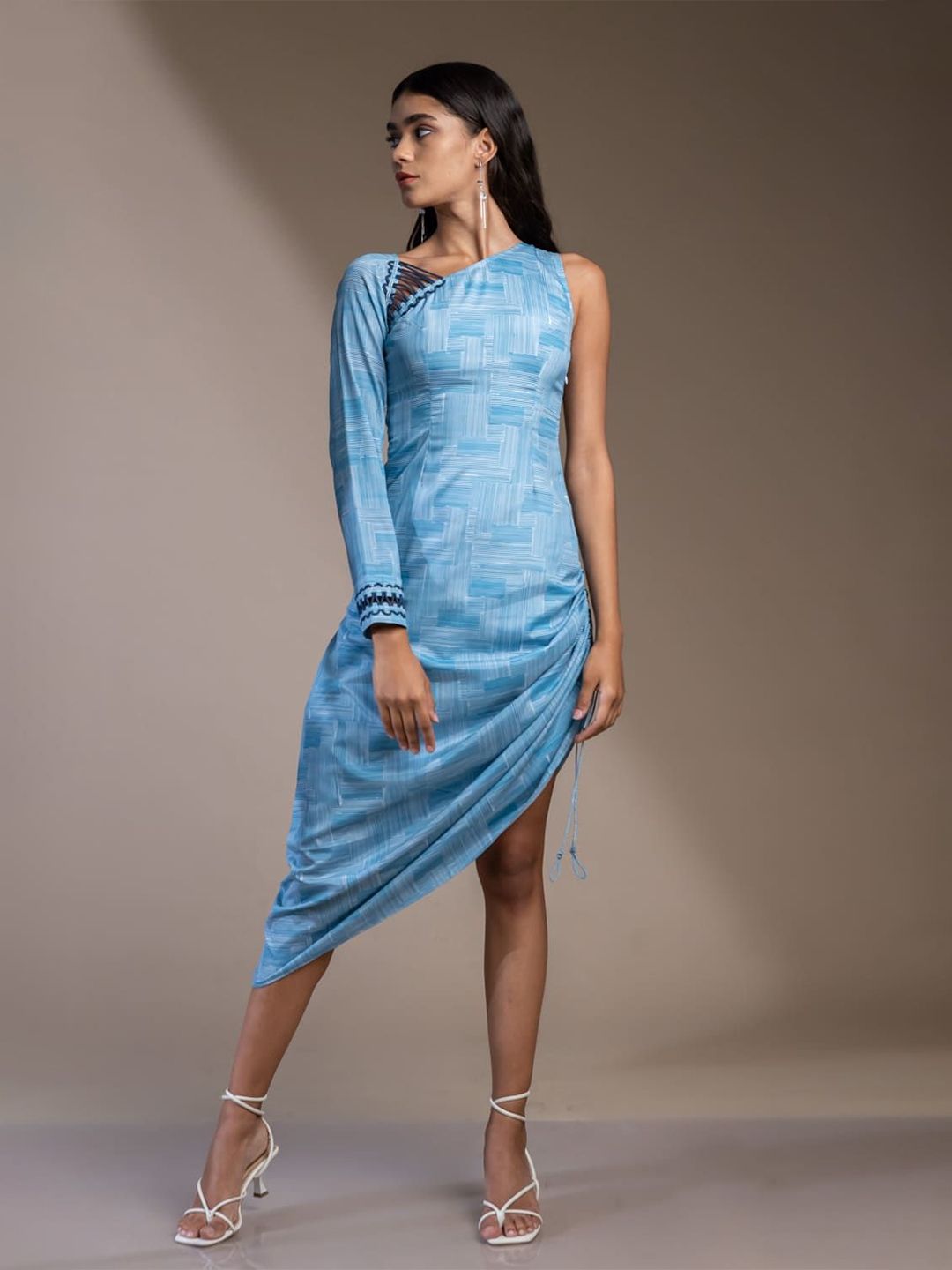 Mamicha Print Satu Bahu Pakaian Midi Fit & Flare Crepe